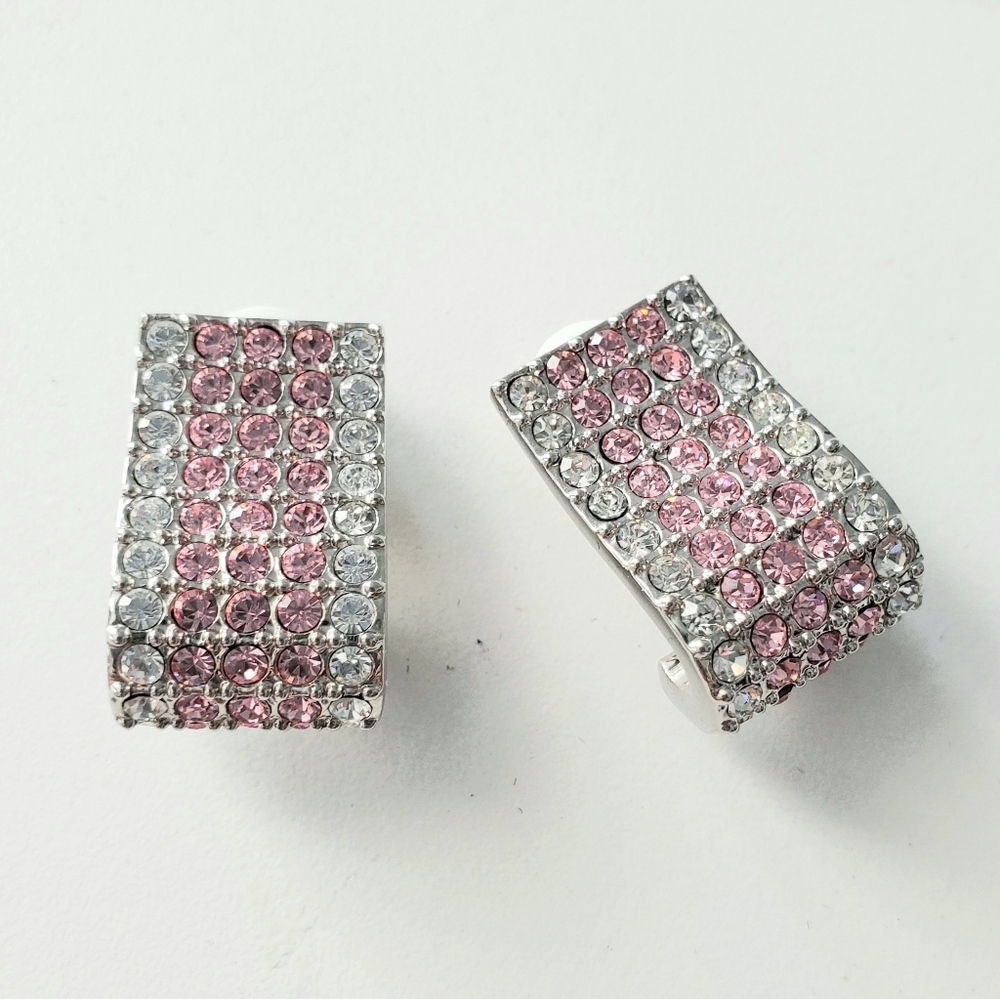 Diane Gilman Pink and Clear Stone Clip Earrings